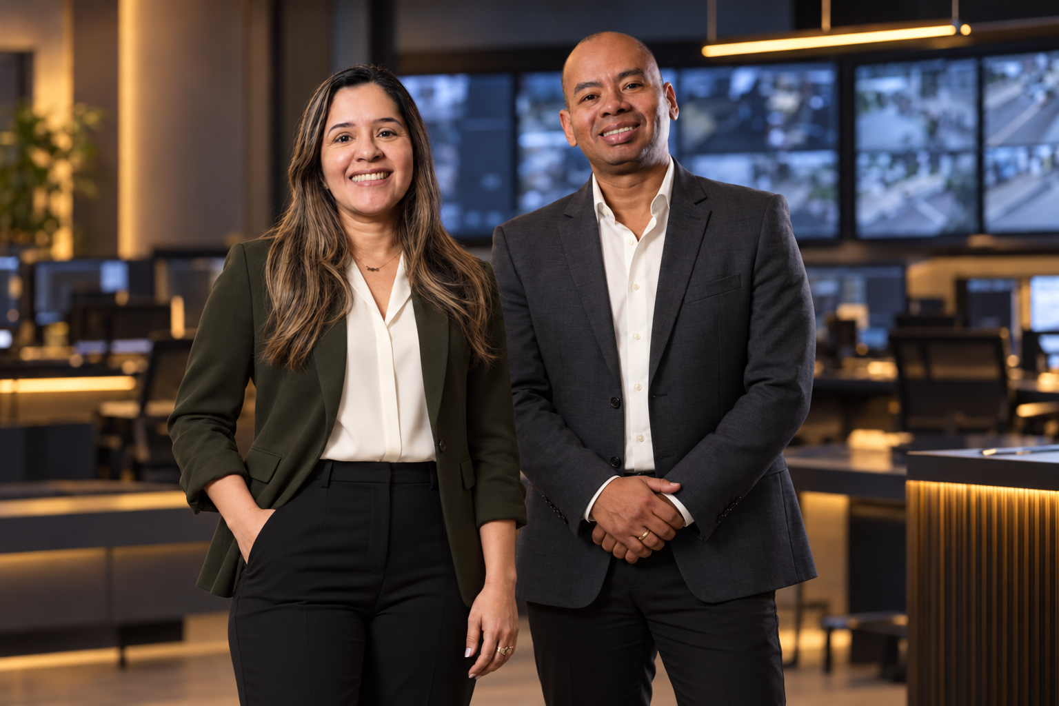 Representantes da HS SEG em retrato editorial na central de monitoramento