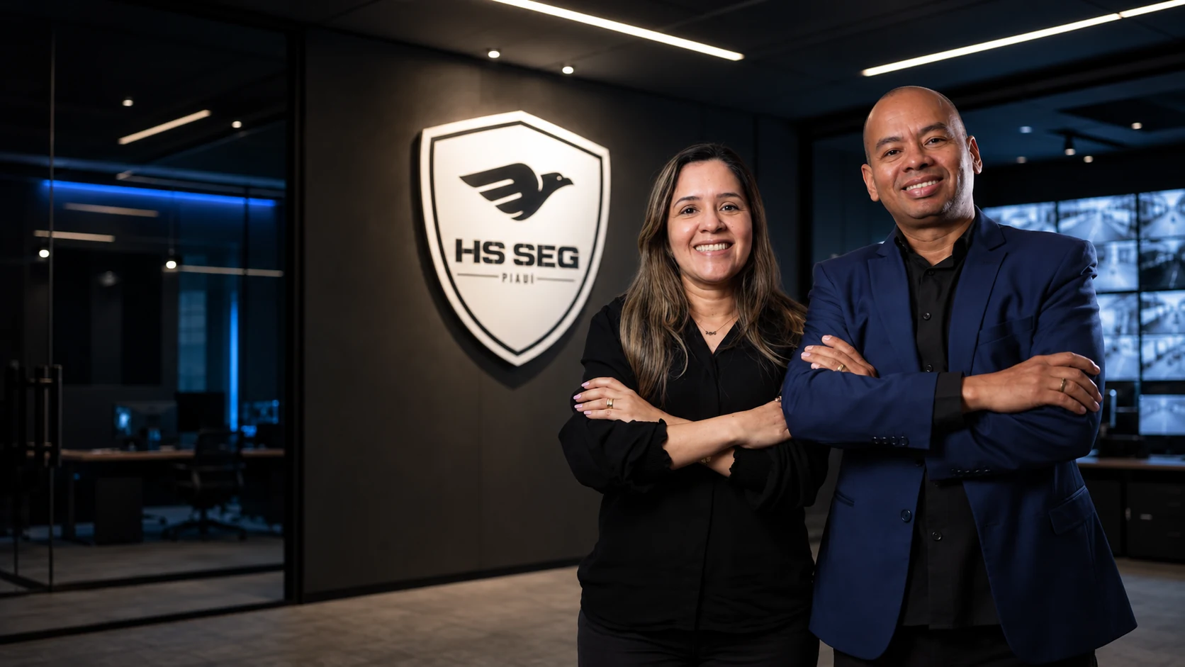 Os dois representantes da HS SEG em uma central de monitoramento
